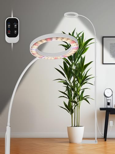 GLOWRIUM Grow Lights for Indoor Plants, 24W Full Spectrum LED Grow Light, Stepless Dimming,3 Lighting Mode and Adjustable Height, Plant Light with 3/9/12/16H Timer (White, 24W)