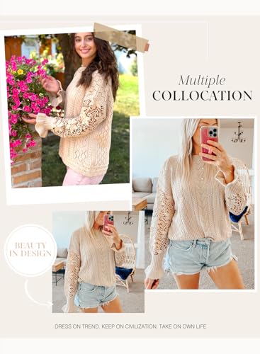 Image of Dokotoo Womens Crewneck Crochet Lace Long Sleeve Hollow Out Cable Knit Sweaters Pullover Tops