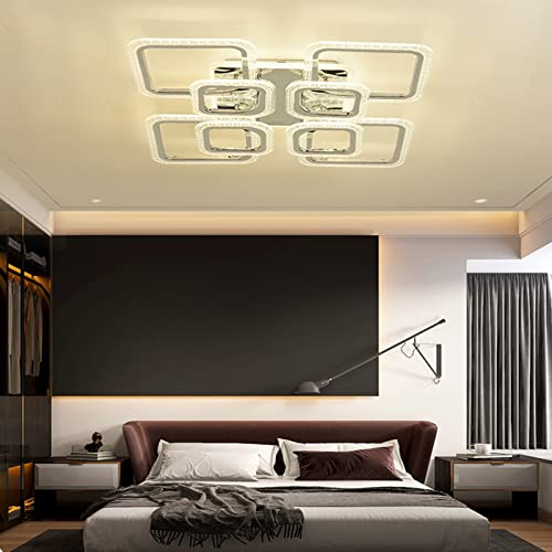 Lustre cristal carré LED 8 têtes : plafonnier chromé moderne dimmable avec télécommande