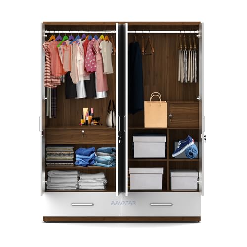 Image of AAVATAR 04 Door Engineered Wood Cupboard - Multi-Shelf Storage Cabinet for Bedroom & Living Room - Durable & Stylish Wardrobe Organizer Without Mirror (Colour - White & Wood, Size 78 X 72 X 19 Inch)