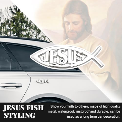 Image of DXNQ 2PCS Jesus Fish Decal Sticker, 3D Car Decal Jesus Christian Fish Symbol Chrome Emblem, Faith Fish Stickers Religious Metal Badge Auto Decor for Truck Motorcycle Fridge (Silver)