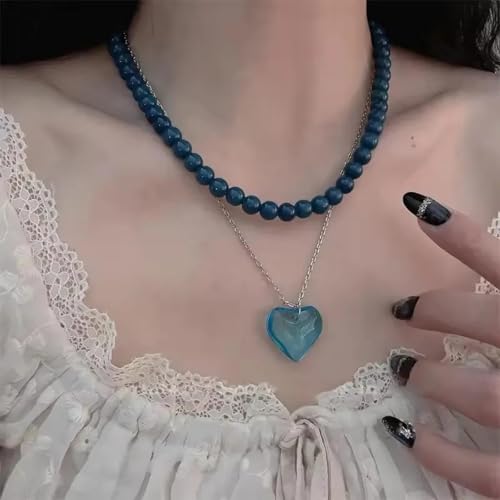 Collier pendentif en résine bleue perlée en verre cœur esthétique fille - 4