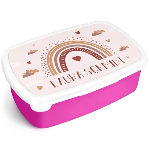 GRAVURZEILE Bedruckte Lunchbox - Regenbogen - Personalisiert mit Namen - Brotdose für Kinder - Individuell bedruckt mit Wunschmotiv - Platzsparend stapelbar - Perfekt für Schule & Kita - Farbe: Pink