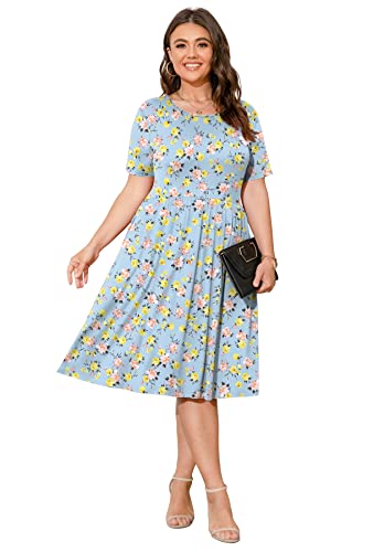 Image of POSESHE Womens Plus Size Summer Dress 2026 Casual Short Sleeve Empire Waist Loose Fit Swing T-Shirt Dress with Pockets