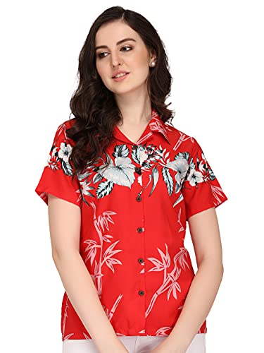 Hawaiian Shirt 35W Women Bamboo Tree Print Aloha Beach Top Blouse Red XL