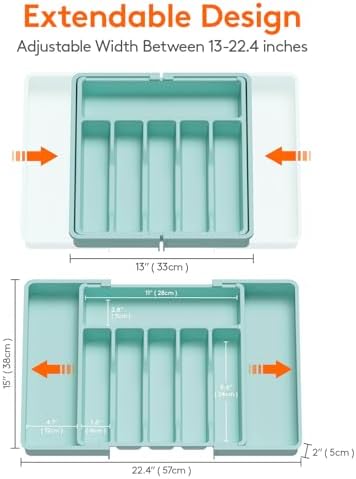 Lifewit Silverware Organizer, Rozszerzalna Taca na Przybory do Szuflady, Regulowany Uchwyt na Sztućce, Kompaktowa Plastikowa Szuflada do Przechowywania Łyżek, Widelce, Noże, Duża, Turkusowy