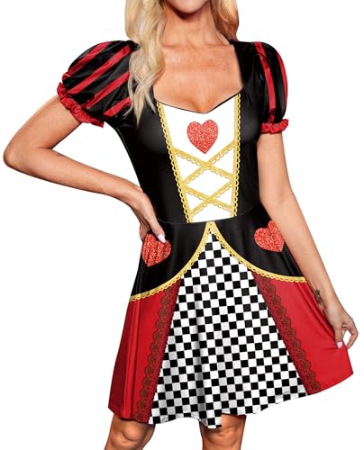 For G and PL Women Halloween Short Puff Sleeve Queen Elastic Waist Tunic Dress Heart Party Cosplay Holiday Aline Costume Royal Red L