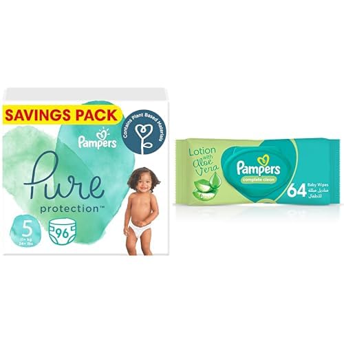 PampersPure Protection Dermatologically Tested Diapers, Size 5, 96 Diaper Count + Baby Wipes, with Aloe Vera Lotion, 64 Wipe Count