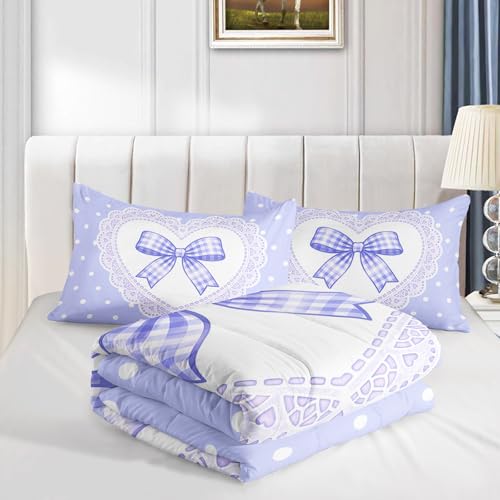 Image of AILONEN Violet Gingham Comforter Queen 3-Piece Kawaii Bowknot Bedding Luxury Lace Heart Patterned Quilt Dreamy Master Bedroom Decor Light Purple Breathable Blanket 2 Cases