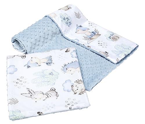 Medi Partners Baby Blanket with Pillow 100% cotton Plush Coverlet Children's Large Two-Sided 75x100 + 35x30cm Multifunctional for Bed Baby strollers (Deer and Hedgehogs with light blue Plush)