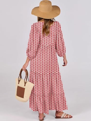 Womens Boho Maxi Dresses 2025 Summer V Neck Puff Sleeve Floral Flowy Swing Casual Long Dress4