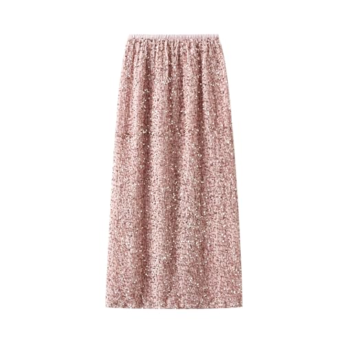 Women Long Skirt Elegant Elastic Waist Shiny Sequins Casual Skirt Streetwear for Daily