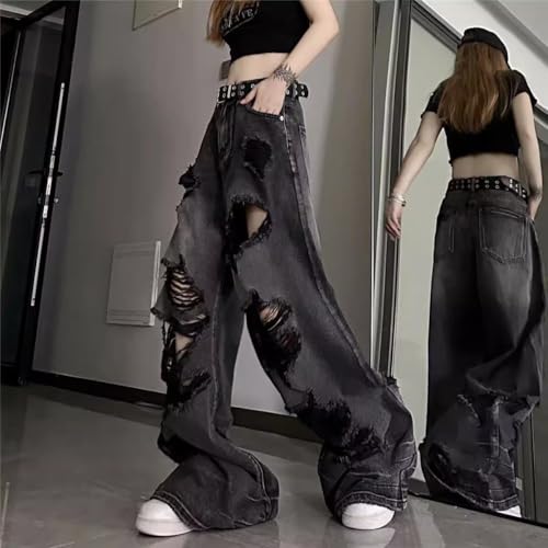 Y2K Ripped Wide Leg Jeans for Women Men, High Waisted Baggy Distressed Denim Pants, Grunge Streetwear Goth Style4