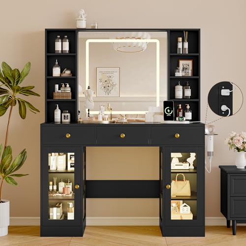 Image of Makeup Vanity Desk with Mirror and Lights, 43 inch Black Vanity with Glass Top, Jewelry Storage, 3 Drawers & Glass Cabinets, Power Outlet & Adjustable LED Lights, Dressing Table for Women & Girls Bedroom