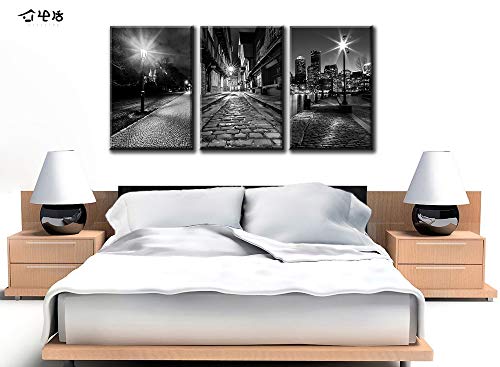 Canvas Wall Art Boston - Black And White Modern Panoramic City Night View Skyline Cityscape Historic Center Prague Street Lights Close-Up Picture Painting For Bedroom Living Room Home Decor Framed #TOP2