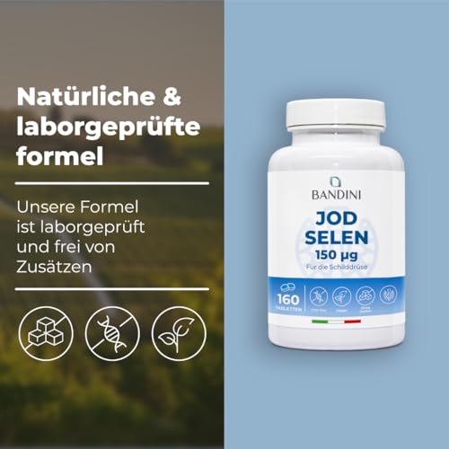 Bandini® Jod & Selen | Hochdosiert mit 150µg Kaliumiodid + 100µg Selen je Tagesdosis (2 Tab) | Hochwertige Selenium Quelle L-Methionin | Laborgeprüft, vegan | 160 Tabletten/80 Tage Vorrat