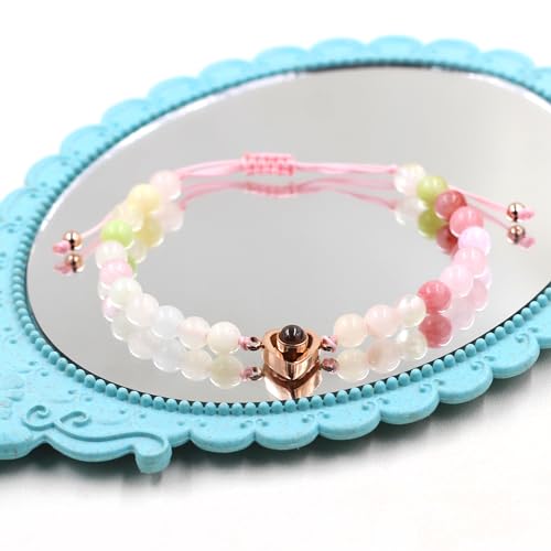 Image of Uloveido Mom Daughter Natural Stone Bracelets Gift - I Love You 100 Languages Bracelets Heart Charm Projection Bracelets Set for Mothers Daughters of 1 2 3pc YA4748