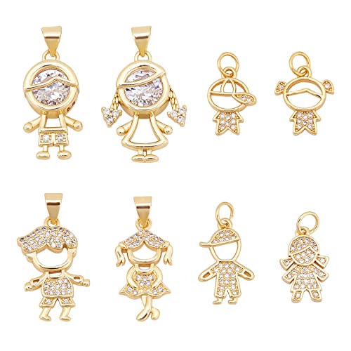 SUPERFINDINGS 8Pcs 8 Style Micro Pave Clear Cubic Zirconia Charms or Boy Charms Beads Golden Crystal Boy Pendants for Bracelets Earrings Necklace Jewelry Making Supplies Accessories