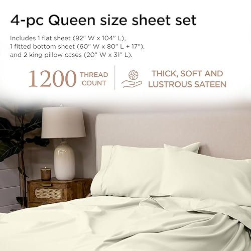 Image of Threadmill 1200 Thread Count Supima Cotton Queen Sheet Set, Sateen, Ivory | 100% Supima Cotton, Sateen Weave, 4-Piece Set, 17 inch Deep Pocket, All-Around Elastic, Pill-Resistant, Hotel Quality