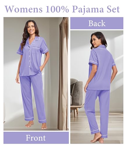 Image of CF Womens 100% Cotton Pajamas Set Button Down Pjs Sets Short Sleeve Top & Long Pants Sleepwear Comfy Loungewear with Pockets