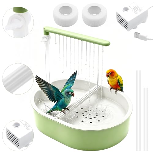 Lignumix Automatic Bird Bath with Quiet Pump Parakeet Bird Bathtub for Cage with Adjustable Shower Head & Water Flow Valve Large Bird Baths Detachable for Easier Cleaning BPA-Free