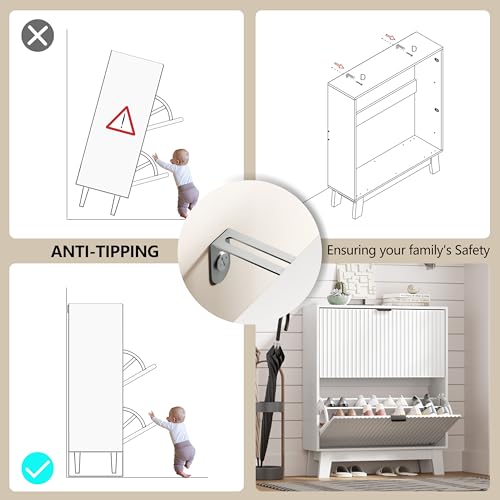 Image of HUANLEGO Shoe Cabinet Storage for Entryway with 2 Flip Drawers, Fluted Narrow Shoe Organizer with Wooden Legs, Freestanding Slim Shoe Storage Hidden Shoe Rack Organizer for Front Door Entrance, White