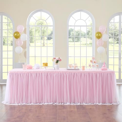 252in pink tulle table skirts for 8ft tables, 2-layer 21ft long
