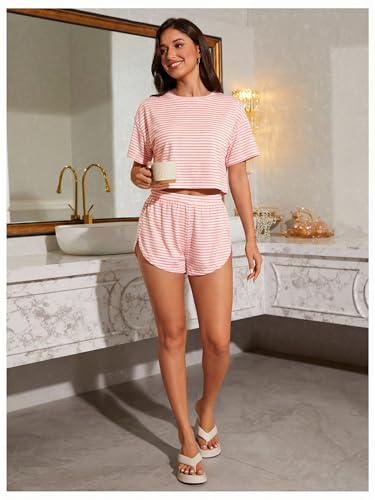 Image of OYOANGLE Womens Pajama Sets 2 Piece Sexy Lounge Sets Summer Cute Pjs Striped Print Tee and Side Split Shorts Set