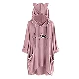 Generic Damen Mädchen Hoodie Süße Katzenohren Lustiger Druck Sweatshirt Einfarbig Süß Unregelmäßig Übergroß Locker Langärmelig Lang Sweatshirt Pink 42