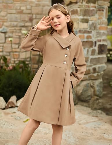 Image of GRACE KARIN Girls Dress Coat Kids Wool Lapel Long Button Jackets Fall Winter Outerwear Peacoat with Pockets 5-12Y