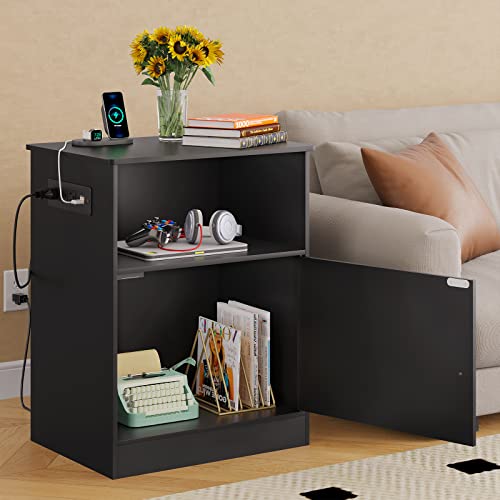 Ephex End Table With Usb Ports & Power Outlets, Black Nightstand With Charging Station, Side Table With Storage Cabinet For Home Office #TOP2