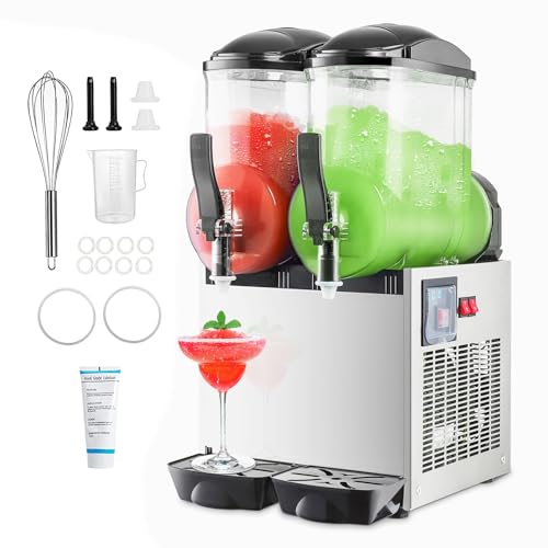 Image of Slushie Machine Commercial, 4Galx2 Tanks Frozen Drink Machine, 110V Stainless Steel Margarita Slushie Maker for Restaurant Bar Home Party Cocktail Alcohol Beverage Wine (Shiny Silver- 3 modes)