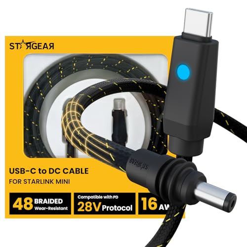 STARGEAR Starlink Mini Cable 6.5FT, Max 140W Input Starlink Mini USB C to DC Power Cable with Indicator Light, Braided Wear-Resistant for 16AWG, Work with 20V/65W, 20V/100W, 28V/140W PD Power Source