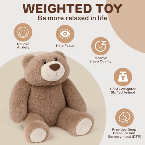 Joyreal 1.5 kg Gewichteter Teddybär gegen Angst, Angstbewältigung für Erwachsene, Gewichteter Plüschbär, Sensorische Spielzeuge für Autismus, Gewichtete Stofftiere 1,5 kg Weighted Stuffed Animal Toy