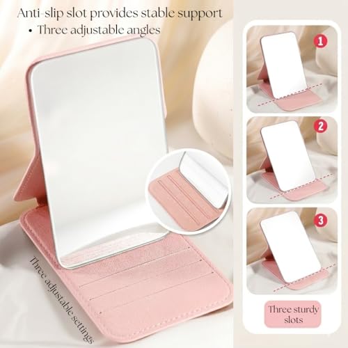 Image of Portable Folding Makeup Mirror 16x11 cm | PU Leather Frame HD Clear Vanity Mirror | Adjustable Stand Compact Travel Mirror | Lightweight Dressing Table Mirror for Women & Girls (Pink)