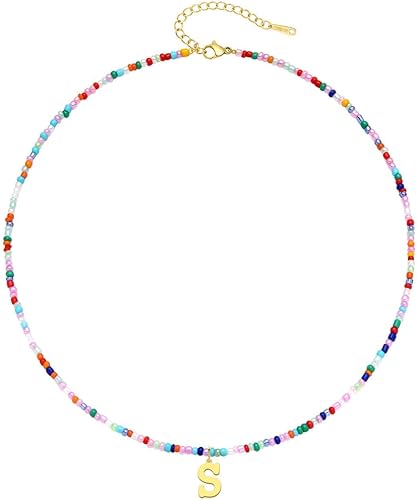 JIGIGIJ Collares con iniciales de cuentas coloridas para niñas, adolescentes, regalos hechos a mano, personalizados, de acero inoxidable chapado en