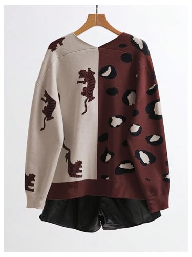 Image of WDIRARA Women's Leopard Tiger Print Cardigan V Neck Long Sleeve Color Block Button Down Sweater Outwear