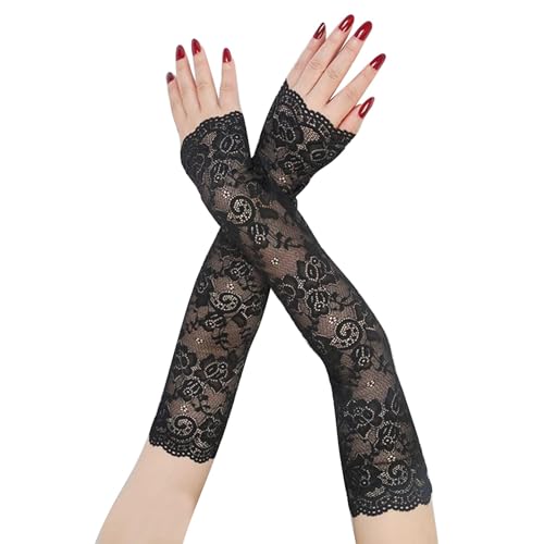 Suxgumoe Lange Spitzenhandschuhe, Frauen Blumenspitze Armstulpen Spitze Armstulpen Fingerlose Fahrhandschuhe für Hochzeitsfeier (Schwarz)