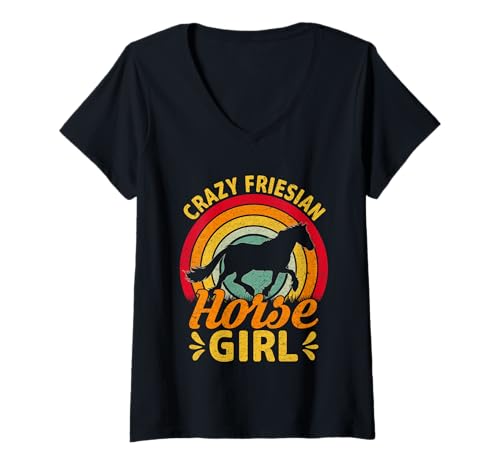Mujer Chica Loca de los Caballos frisones Camiseta Cuello V