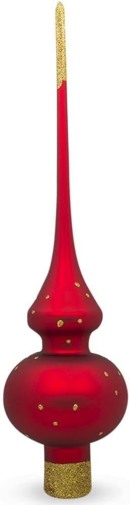 Snow Covered Winter Village Red Glass Christmas Tree Topper 11 Inches