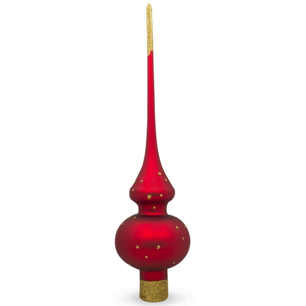 Snow Covered Winter Village on Red Mouth Blown Glass Christmas Tree Topper 11 Inches
