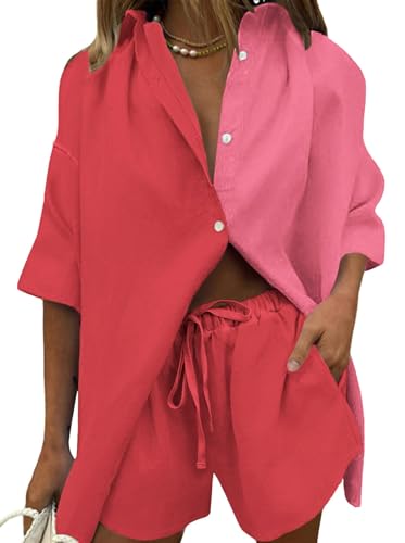 Image of Fixmatti Women 2 Piece Outfits Long Sleeve Button Down Blouse and Shorts Sweatsuit Sets