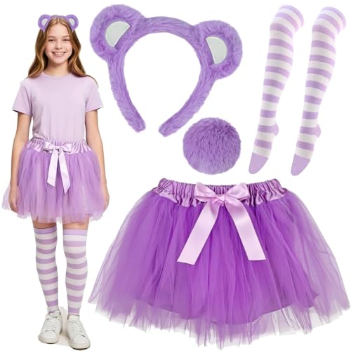 Purple Bear Costume for Women Teens Adults Ears Headband, Tail, Socks & Tutu Halloween Accessories Cosplay