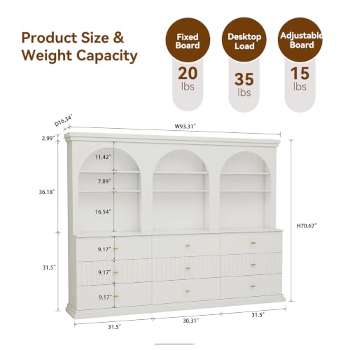 Image of ivaniti 71 inch Arched Kitchen Pantry Cabinet Set of 3 with 9 Drawers, White Freestanding Storage Hutch with Open Shelves and Gold Handles for Kitchen, Dining Room