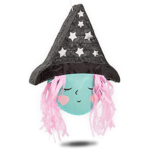 Cute Witch Pinata For Halloween Party Supplies, Silver Foil Stars, Pink Hair (Small, 16 X 13 X 3 Inches) #TOP14