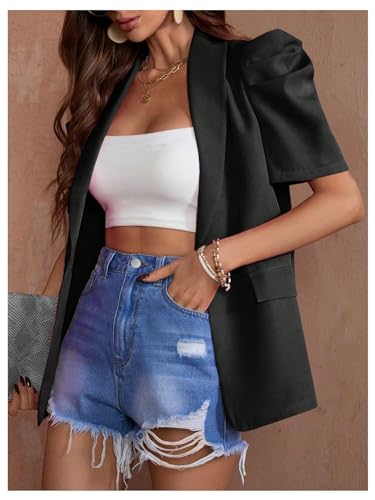 OYOANGLE Women's Single Breasted Blazers Gigot Short Sleeve Lapel Neck Dressy Office Jackets2