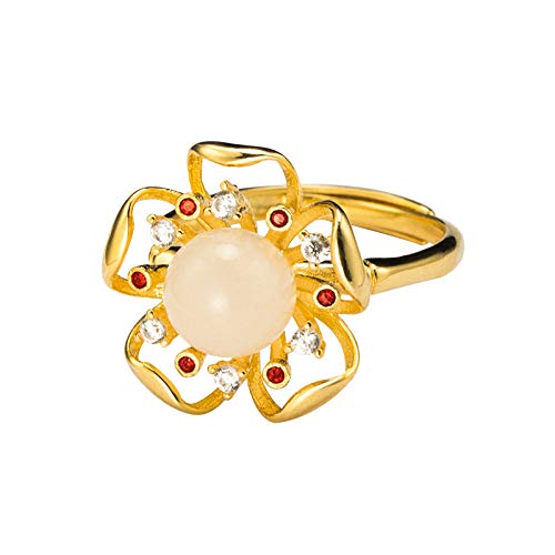Bague ouverte pour les femmes ajusté incrusté de jade hetian fleur zircon