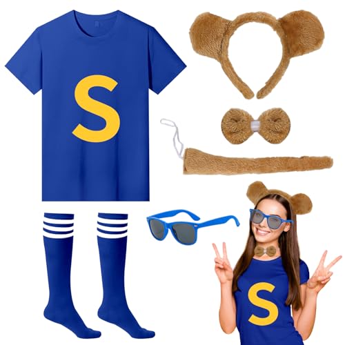 UxClishe Conjunto de 6 piezas de disfraz de ardillas con camiseta, orejas de ardilla, diadema, corbatín, cola, calcetines a rayas, gafas para el Día Mundial del Libro, cosplay de Halloween, fiesta