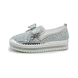 SACFOF Women's Fashion Glitter Slip On Sneakers Rhinestone Bling Platform Walking Shoes Cute Bowknot Sequin Shiny Loafers