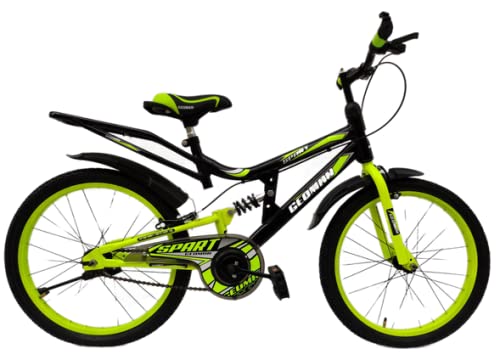 Geoman Spart 20T Children Bicycle Mountain Bike Rear Shocker Suspension Single Speed Carrier Kids Cycle, Black Green, Age 5-8 Years
